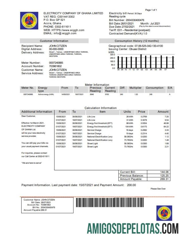 Conta de serviços públicos da Companhia de Eletricidade de Gana de Gana baixar para verificação